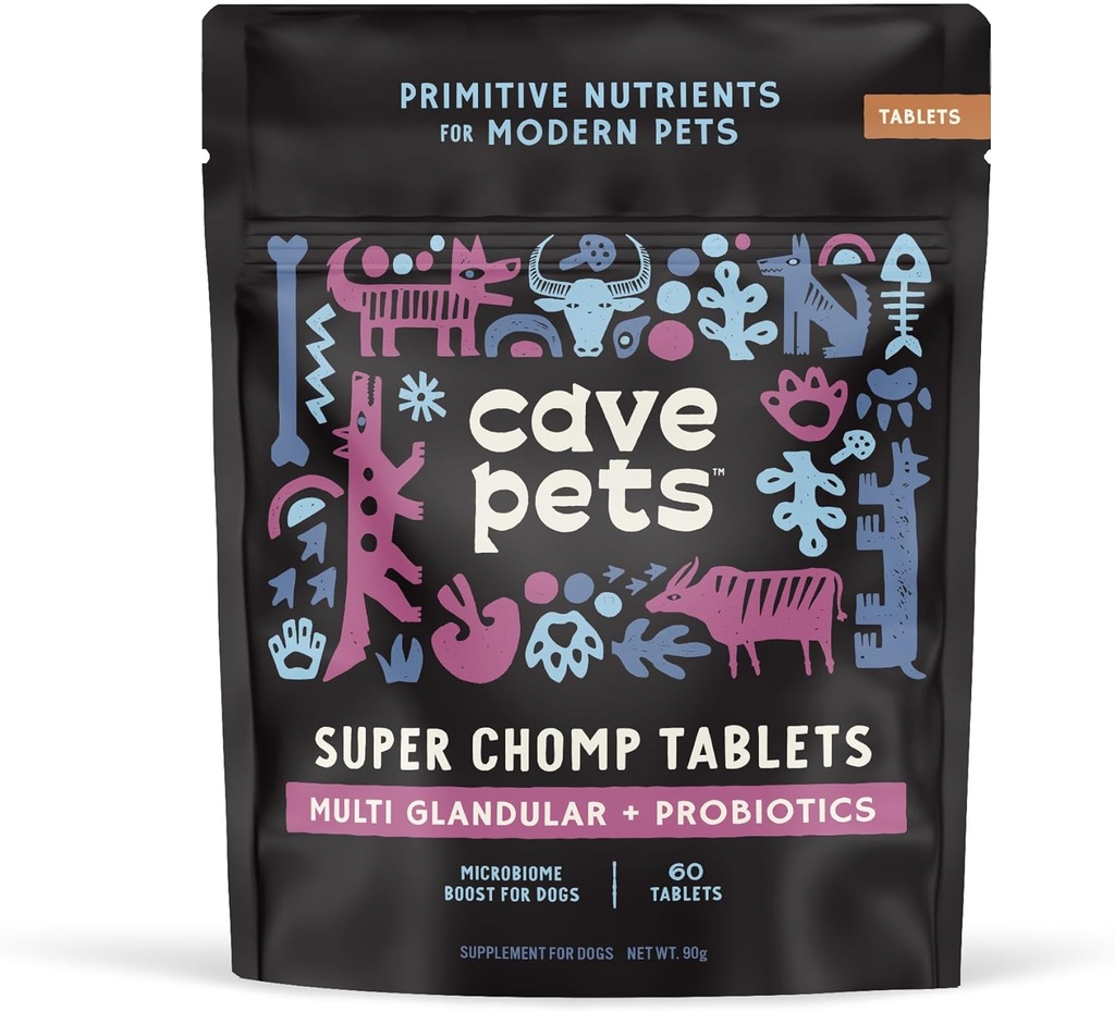 Luolalemmikit, Super Chomp -tabletit, koiran probioottilisät, monikulmaiset ja probiootit, 60 tablettia