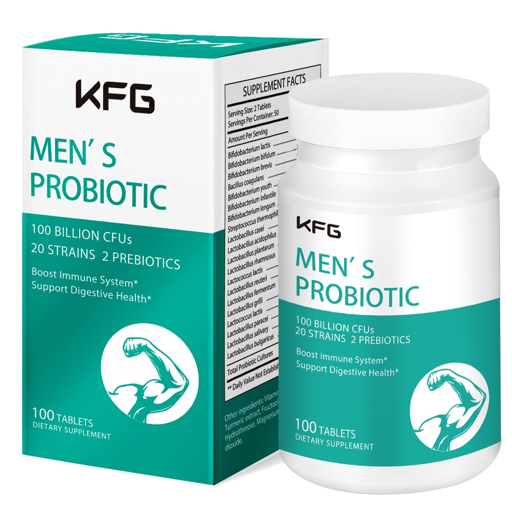 KFG Probiotic Supplement 100 Billion CFU, 20 Strains, 2 Prebiotika och Digestive Enzymes, Stöder Digestion, Immune Support, Gut Health och Metabolism, Non-GMO, Gluten & Soy Free, 100 tabletter