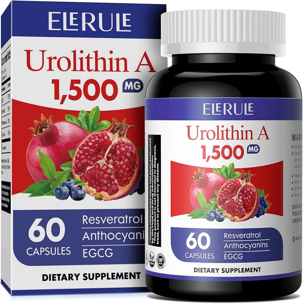 Urolithin A Supplement 1000 mg Plus Trans- Resveratrol, Antosyaniinit, vihreä tee, edistää terve ikääntyminen, tuet soluja ja energiaa miehille & naisille, 60 kapselia-38