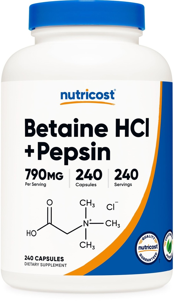 Nutricost Betaine HCl + Pepsin 790 mg, 240 kapselia - kasvissyöjä & GMO vapaa