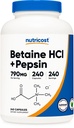 Nutricost Betaine HCl + Pepsin 790 mg, 240 kapselia - kasvissyöjä & GMO vapaa