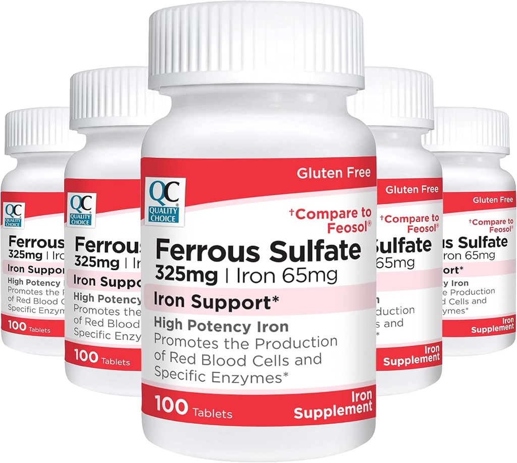 Kvalitetsval Järn 65 mg (325 mg Ferrous Sulfate) Hög styrka Järnstöd Supplement tabletter i 100 greveflaskor (5 Pack)