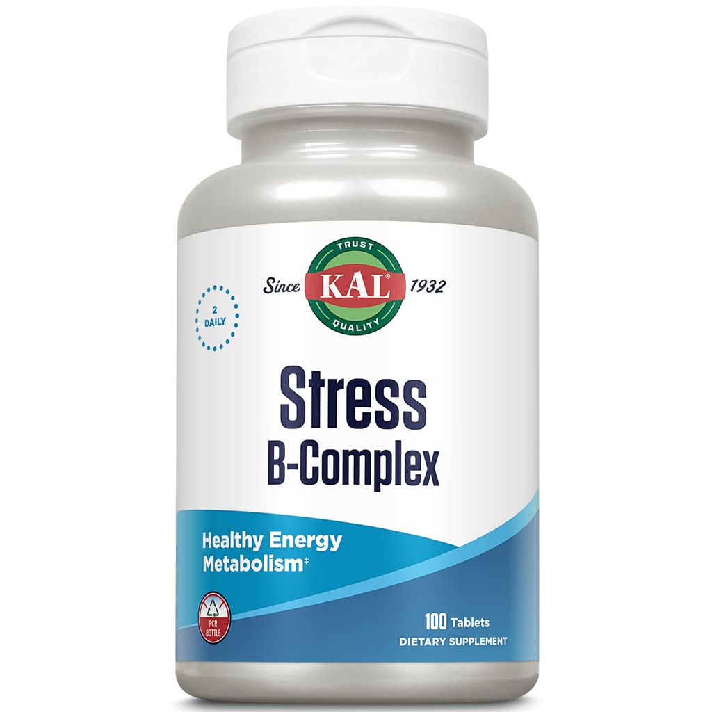 KAL Stress B Complex Vitamin Supplement, Vitamin B Complex för energi, stress, Red Blood Cell Formation och Immune Support, med vitamin B12, B6 och folsyra, 60-dagars garanti, 50 Serv, 100 tabletter