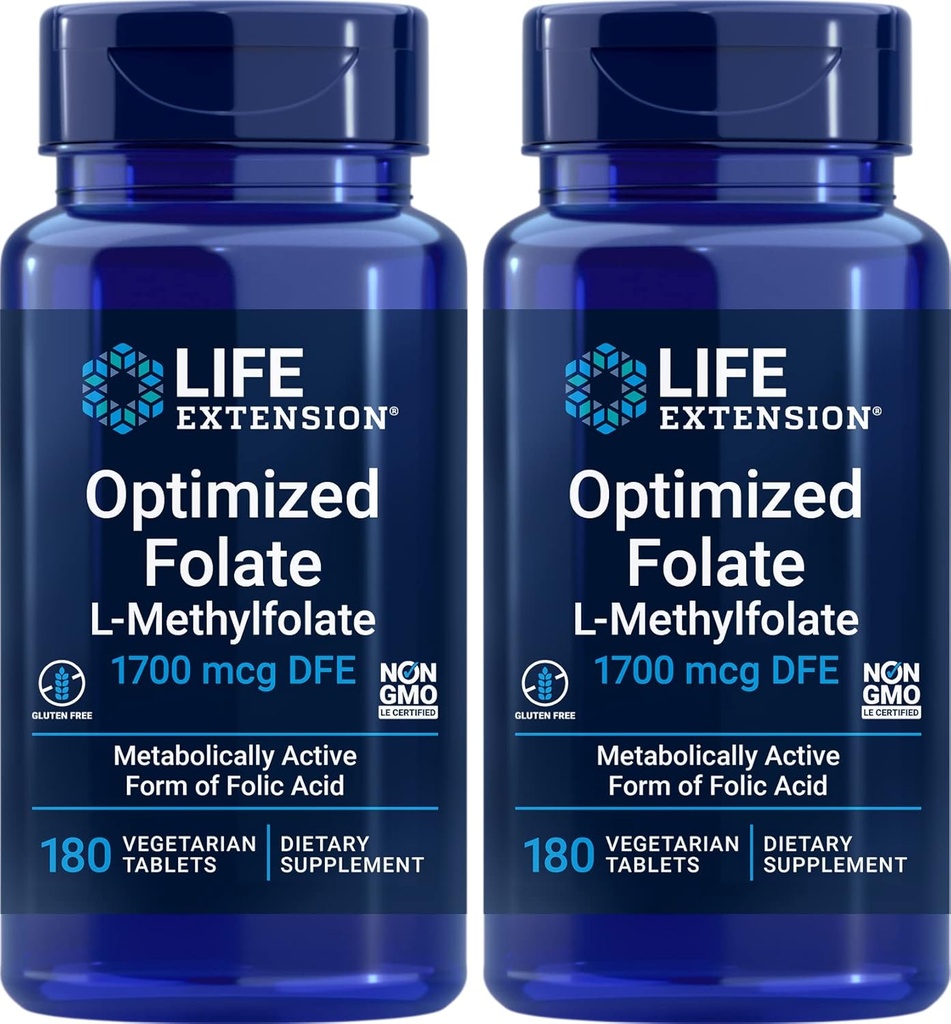 Life Extension Optimoitu Folaatti (L-Metyylifolaatti) 1700 mikrog DFE, 180 Veg tablettia (Pack of 2)
