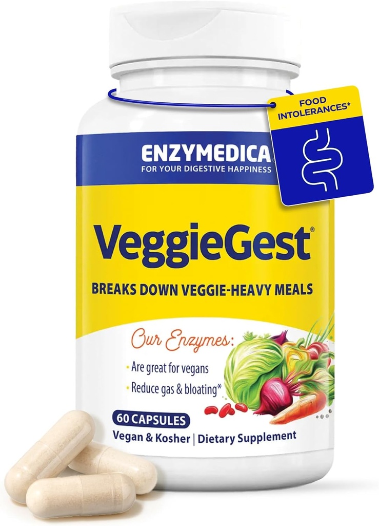 Enzymedica, VeggieGest, Digestive Enzymes, stöder Occasional Gas & Bloating Relief från High Fiber Meals, för Vegan & Vegetarian Diets, Enzyme Blend för Digestive Health, 60 Count
