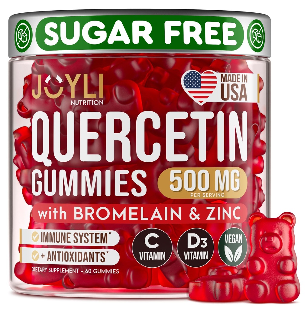 JOYLI Quercetin Gummies - Quercetin kanssa bromelainsinkki C-vitamiinia ja D3-vitamiinia - Quercetin täydentää 500MG immuunijärjestelmän ja allergia - Quercetin lapsille ja aikuisille - 60 Quercetin Chewable