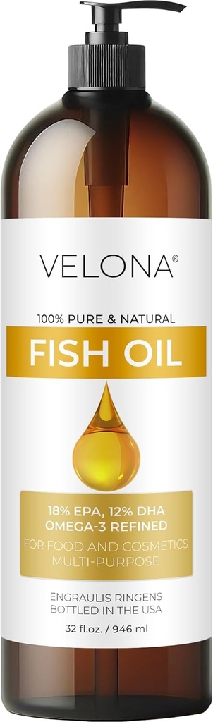 Fish Omega-3 Oil av Velona - 32 Fl Oz | 100% ren och naturlig bärare | Förfinad | Vitamin E, D, Omega-3 | Matlagning, hud, ansikte, kropp, hårvård | Använd idag - Njut av resultat