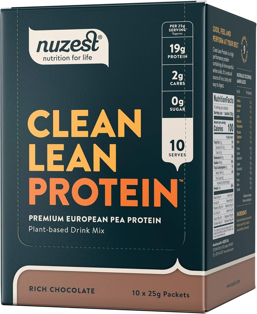 Nuzest - Pea Protein Powder - Clean Lean Protein, Premium Vegan Plant Based Protein Powder, Dairy Free, Gluten Free, GMO Free, Protein Shake, Rich Chocolate, 0,9 uns, (Pack av 10)