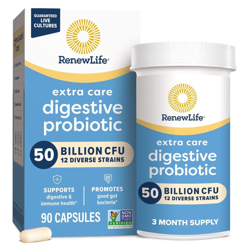 Renew Life Extra Care Digestive Probiotic Capsules, 50 miljarder CFU garanterat, dagligt tillskott stöder immun, Digestive, Respiratory Health(1), L. Rhamnosus GG, Dairy, Soy och Gluten-Free, 90 Count