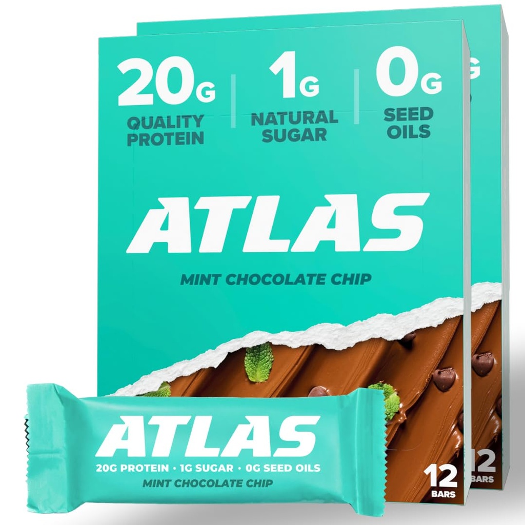 Atlas proteiinipatukka, 20g proteiinia, 1g sokeria, puhdasta ainesosaa, gluteeniton, minttusuklaasiru (12 kreivi, 2 kpl pakkaus)