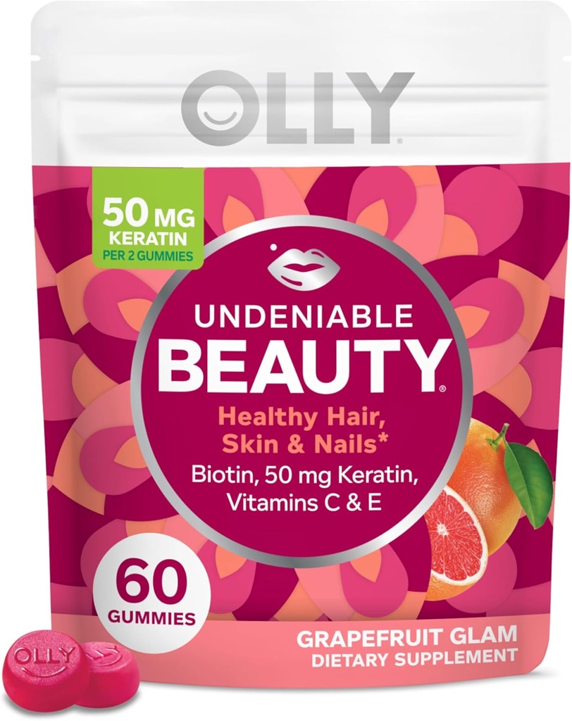 Olly undendiable Beauty Gummy, Hiuksille, iholle, kynnet, Biotiini, C-vitamiini, Keratin, purutabletti, Greippi, 30 päivän tarjonta - 60