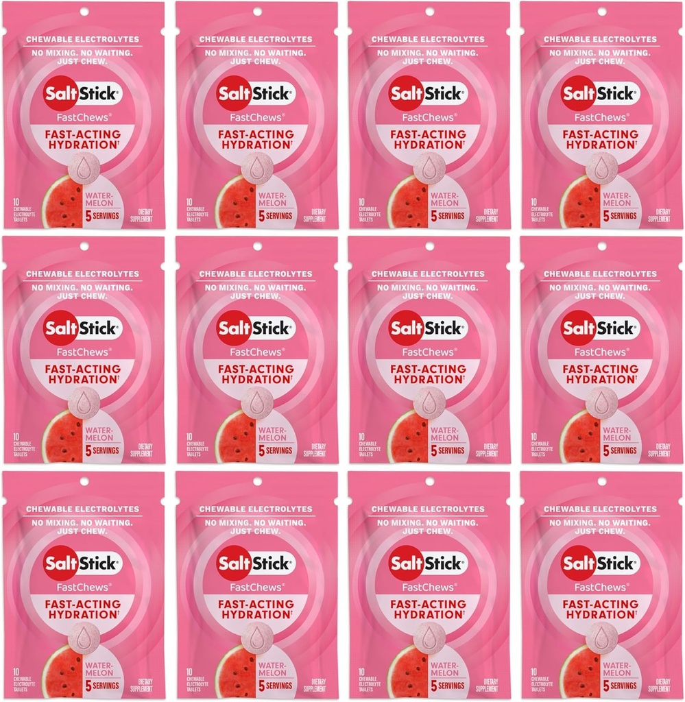 SaltStick Electrolyte FastChews - 120 Count Watermelon Flavor - Elektrolyyttitabletit nesteytys, Salt Tables - 10 Count (Pack of 12)