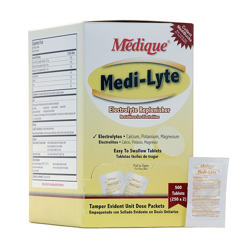 Medique Medi- Lyte Electrolyte Replenisher, nopea helpotus lämmöstä, stressistä, väsymyksestä ja lihaskrampista, helppo niellä tabletteja, 500 tablettia (250 x 2)