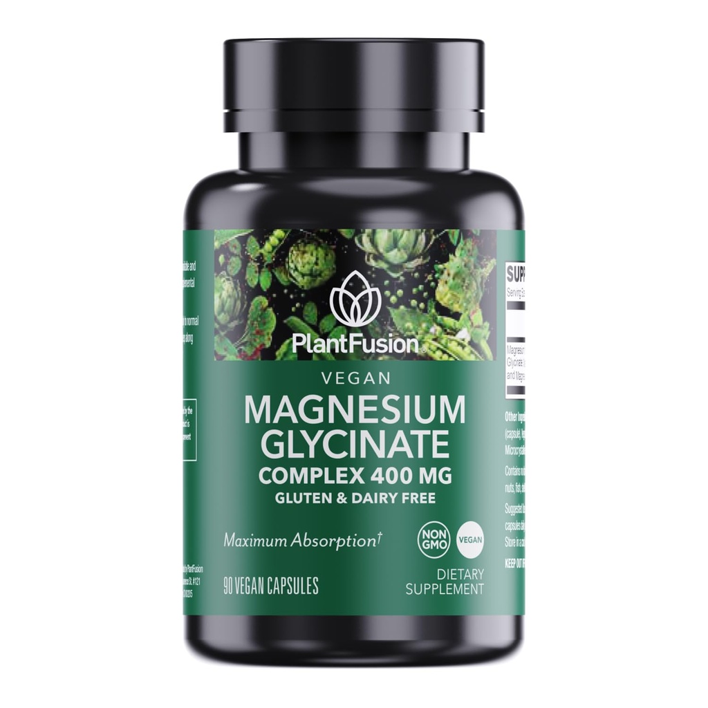 PlantFusion Vegan Magnesium Glycinate Complex 400 mg - korkea imeytyminen ja biologinen hyötyosuus - kelated - tukee lihasten rentoutumista, uni, Cardio terveys, stressin lievittäminen, ja energian tuotanto - ei GMO