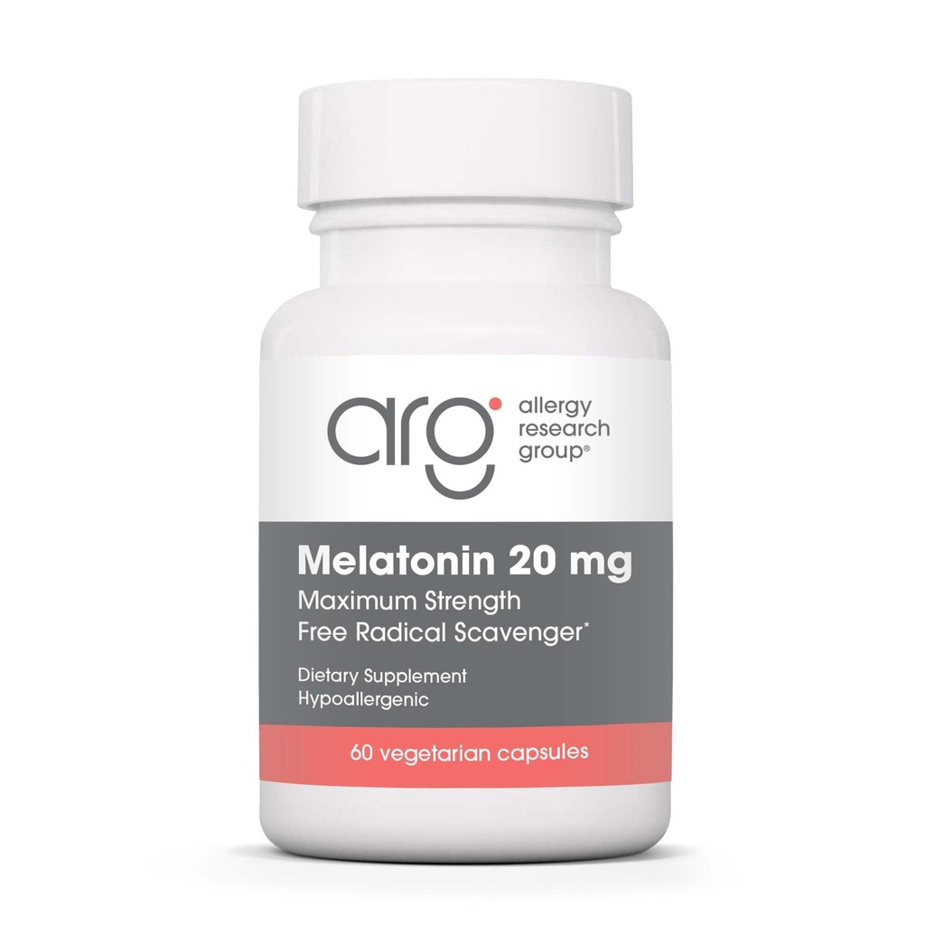 Allergiatutkimusryhmä Melatoniini 20 mg - Pure melatoniini, extra vahvuus aikuisille, unilääke, suuri annos, kasvissyöjä kapselit - 60