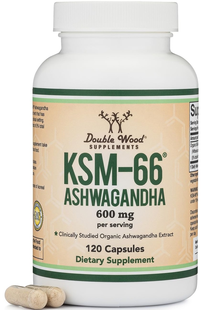 Double Wood Lisäravinteet Ashwagandha KSM 66 Organic and Clinically Studied Extract (600mg per Serving, 120 kapselia, 60 palvelinta) Adaptogen Cortisol Manager naisten ja miesten