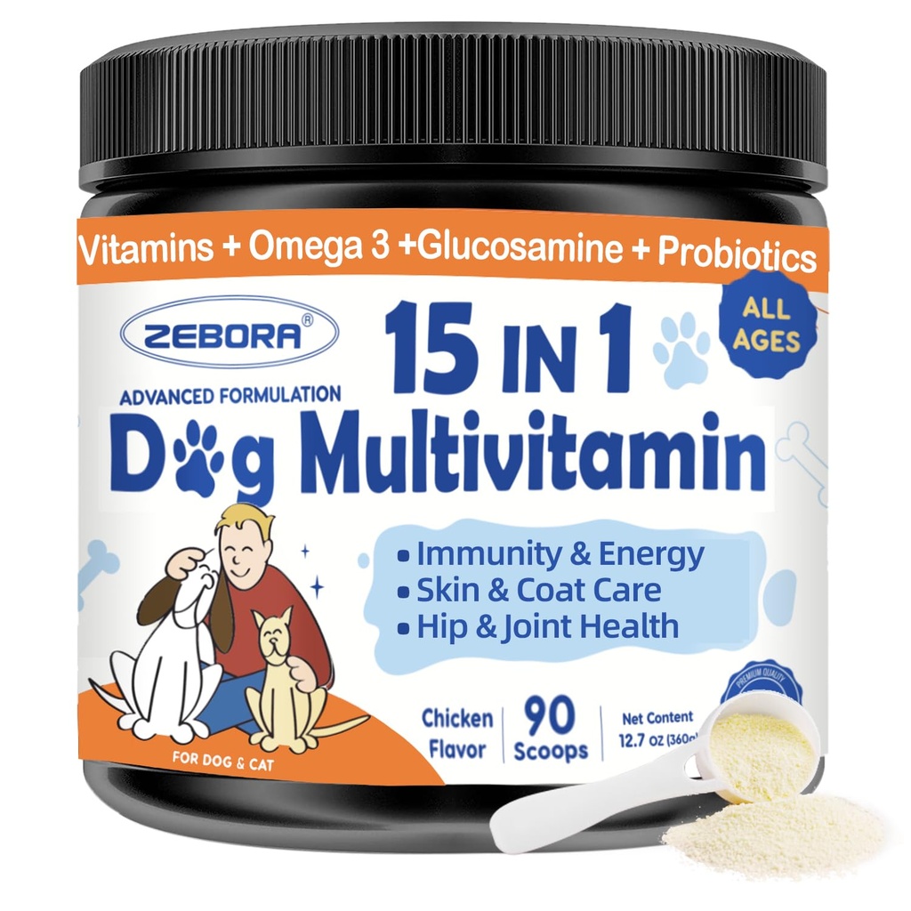 ZEBORA Dog Multivitamiinijauhe Glukosamiinilla, koiran vitamiinit ja lisäravinteet immuunitukea, iho ja takki täydentää Omega 3 Allergian lievittämistä, Probiootit ruoansulatus- ja suolistoterveyden