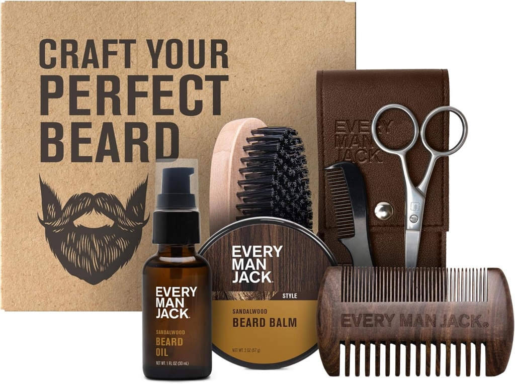 Varje man Jack Beard Grooming Kit för män - Inkluderar Sandalwood Beard Oil & Beard Balm, Beard Brush, Wooden Dual-sided Comb, Trimming Scissors och Mustache Comb