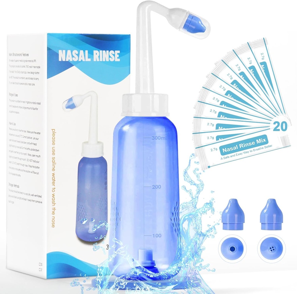 Neti Pot Sinus Rinse Bottle - Gentle Nasal Wash Bottle Nose Cleaner för effektiv tryck Irrigatio 300 ML med 20 Nasal Wash Salt Packets