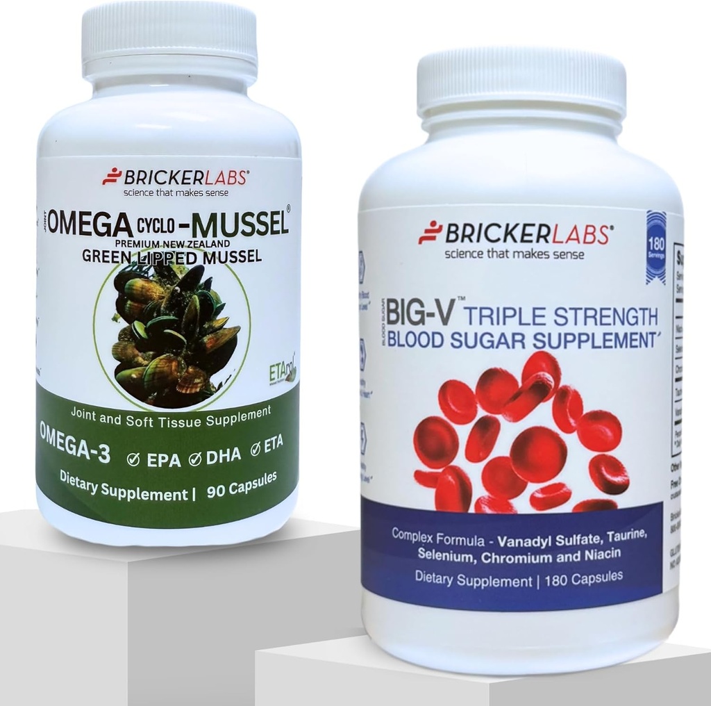 Bricker Labs Joint Comfort och Sugar Balance | Omega Cyclo Mussel för gemensam hälsa + Big-V Triple Strength Vanadyl för blodsockerstöd