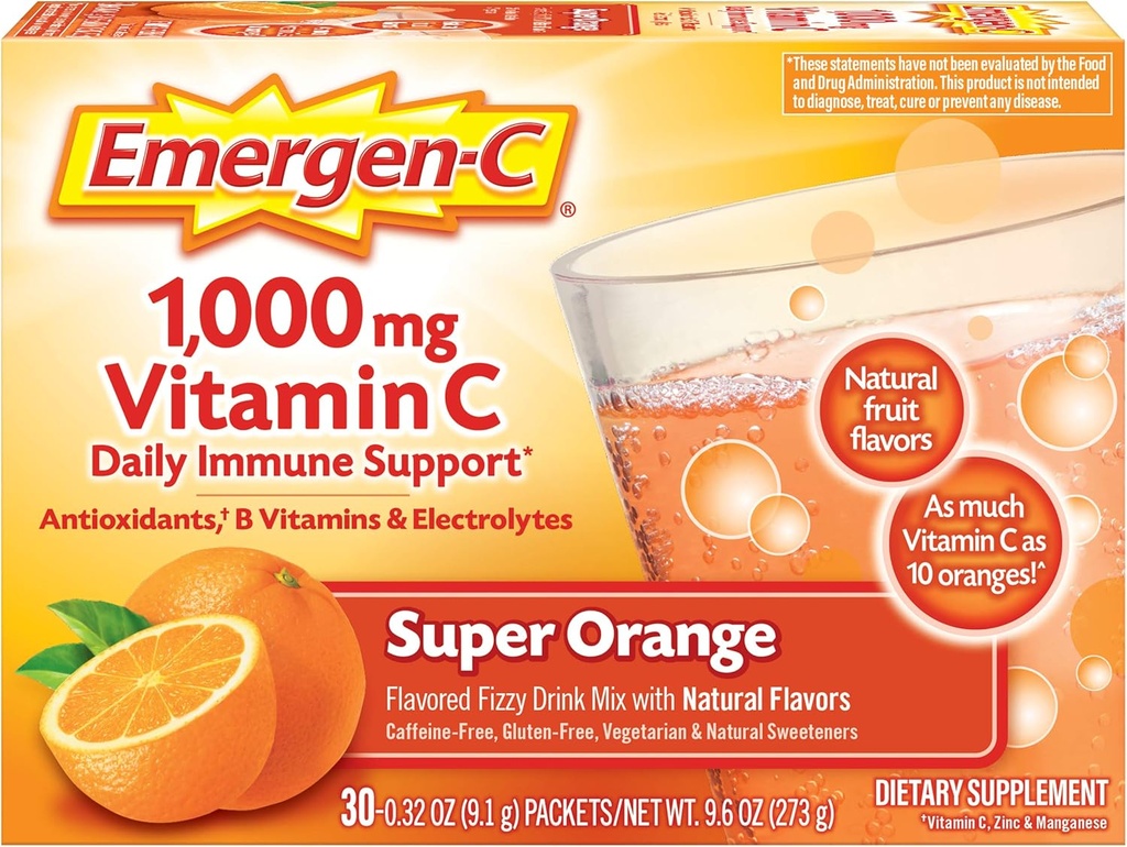 Emergen-C 1000 mg C-vitamiini Powder for Daily Immuuni tuki Kofeiiniton C-vitamiini täydentää sinkkiä ja mangaania, B-vitamiinit ja elektrolyyttejä, Super Orange Flavor - 30