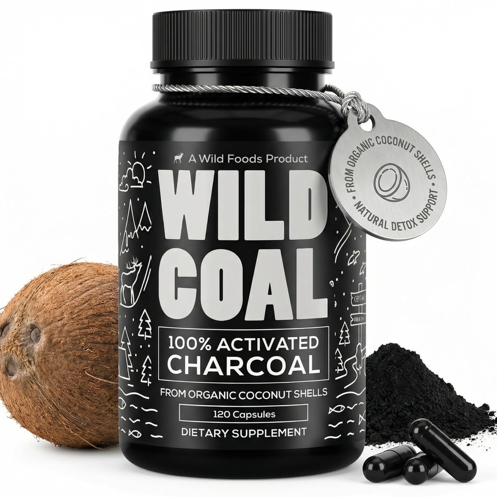 Wild Foods Aktivoitu Charcoal Kapselit 100% Organic Coconut Shells Active Tablets for Bloating & Hangover Lab Tested & Non-GMO Detox Pillerit Valmistettu Yhdysvalloissa (120 kapselia)