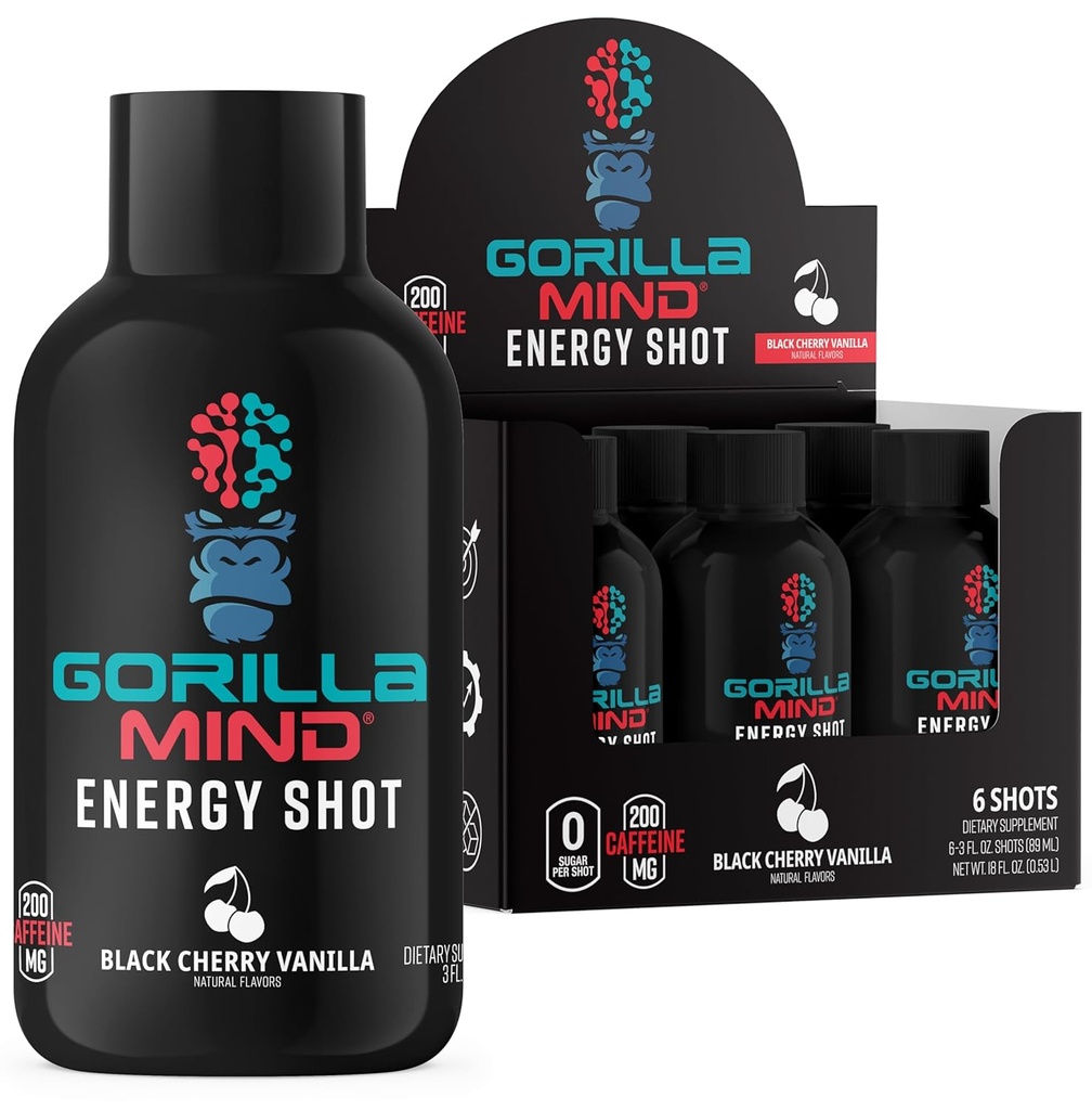 Gorilla Mind Energy Shots (Pack of 6) - Enhanced Focus & Energy, Sokeriton, Nopea-Acting, Potent Formula vitamiineja ja luonnon uutteet (Musta kirsikka vanilja)