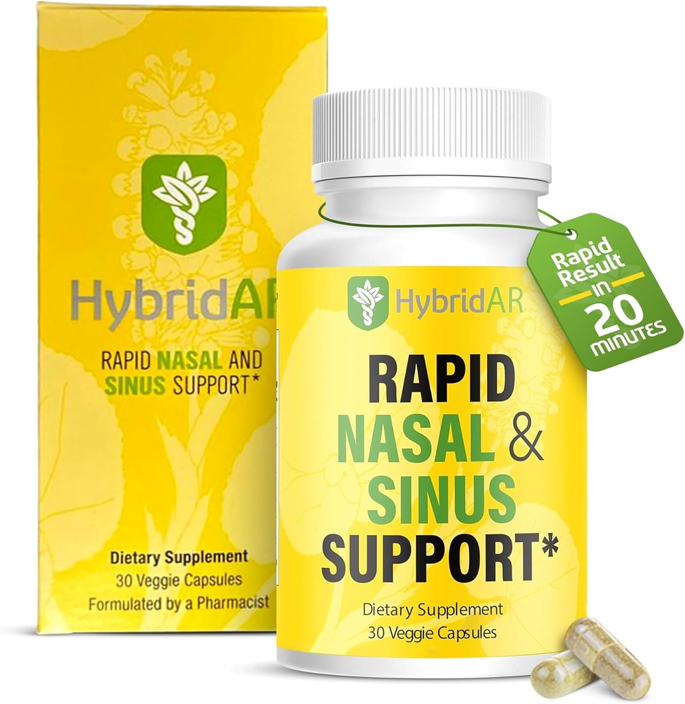 HybridAR Rapid Sinus Relief and Calm – Fast Acting Non-Drowsy Sinus Support and Medicine – Natural Decongestants for Adults with Antihistamine, Quercetin och Butterbur for Allergies – 30 Capsules