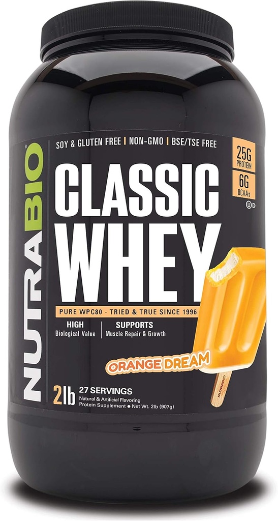 NutraBio Classic Whey Protein Powder- 25G Protein Per Scoop - Full-Spectrum Amino Acid Profil - Inga fillers, konstgjorda färger, konserveringsmedel - Orange Dream, 2 pund