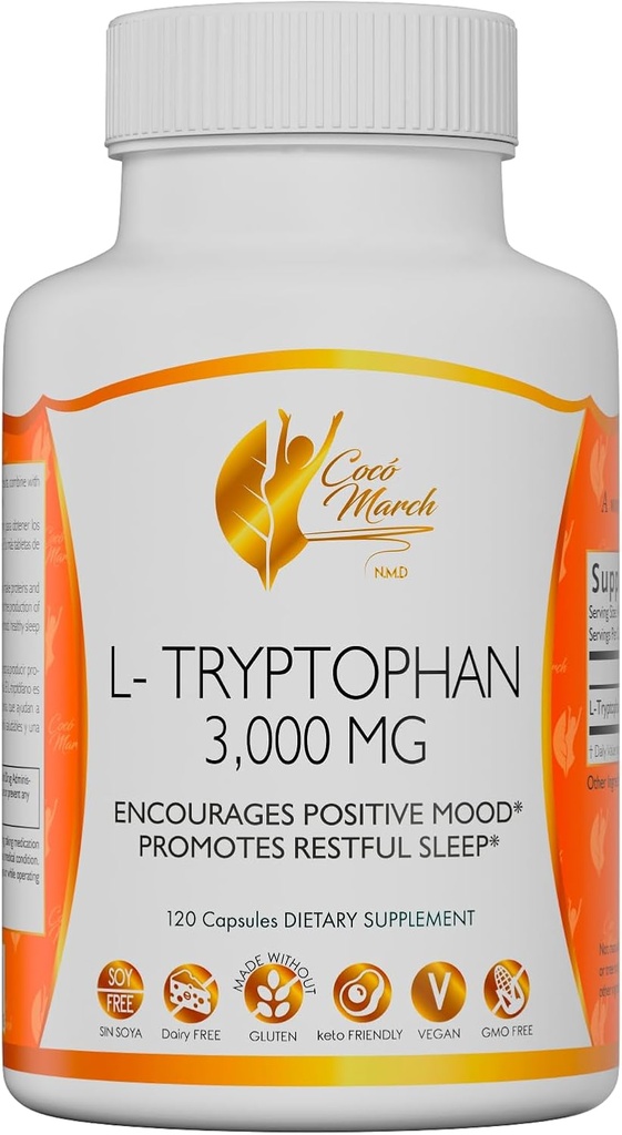 Cocó Maaliskuu N.M.D L-Tryptophan Sleep Aid 500 mg, Gluteeniton, Vegaani, GMO-vapaa, Dairy Free, Keto Friendly, Soy Free - 30 tarjoilua