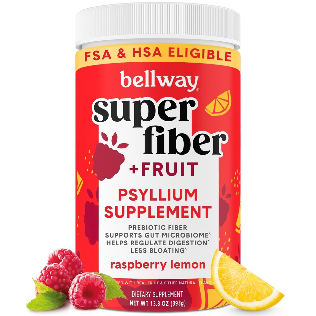 Bellway Super Fiber Powder + Fruit, Sugar Free Organic Psyllium Husk Powder Fiber Supplement for Regularity, Bloating Relief & Dgestive Health, Plant-Baseed, Vadelma sitruuna (50 tarjoilua)