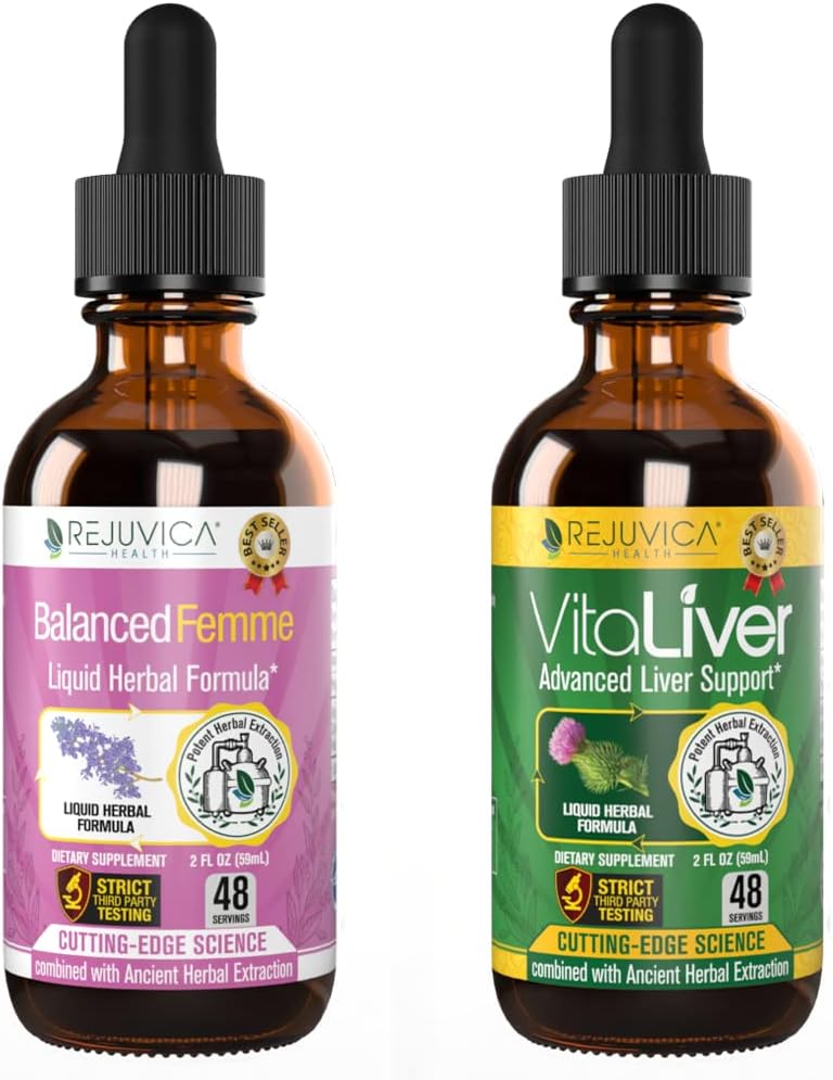 Rejuvica Health Balanced Femme + VitaLiver - Tuki Female Balance + Maksa tuki neste toimitus parempaan imeytymiseen - Milk Thistle, Dong Quai, Artisoke, Maca, Voikukka & More!