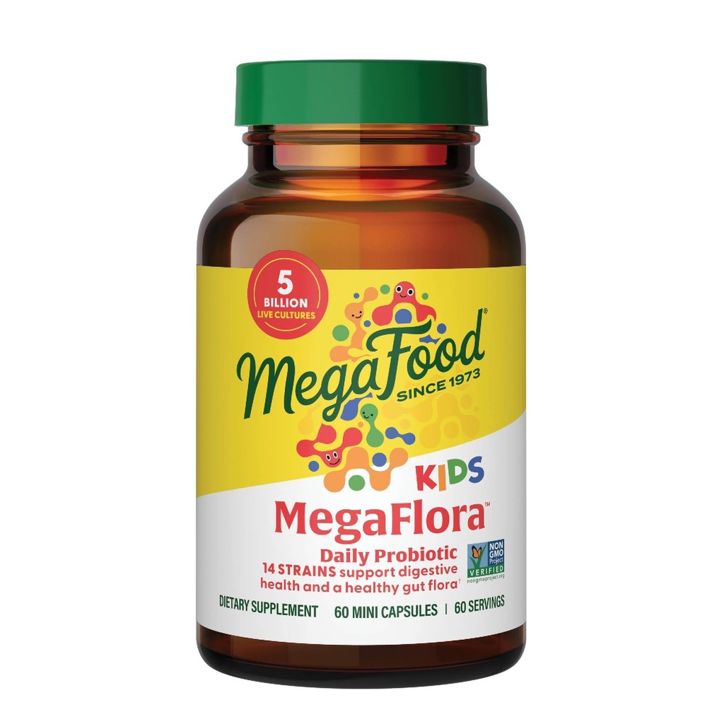 MegaFood MegaFlora Kids Probiotics - 5 miljarder CFU - Non-GMO, Vegetarian, Made Without 9 Food Allergens, Probiotics for Digestive Health - 60 Mini Capsules (60 portioner)