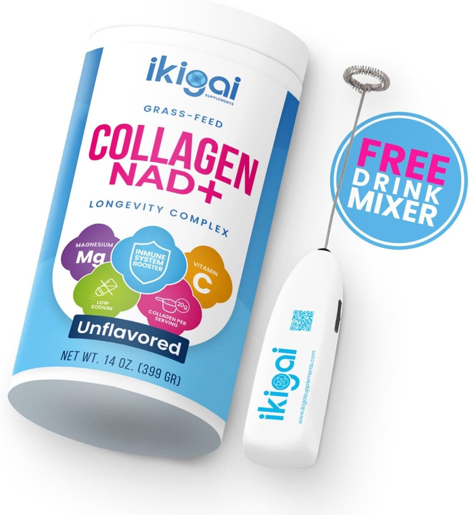 Ikigai Collagen with NAD+ (30 palvelinta) - ei-GMO, gluteeniton, Paleo, Kosher - Ei makua, sisältää ilmaisen juomasekoittimen