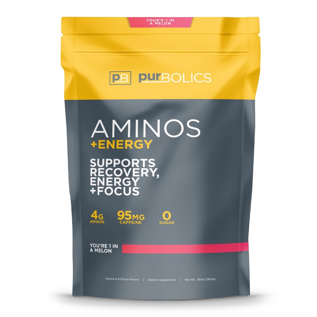 Purbolics Aminos + Energy | Stöder återhämtning, energi och fokus | 95mg koffein, 0 socker & 60 portioner (Du är 1 i en Melon)