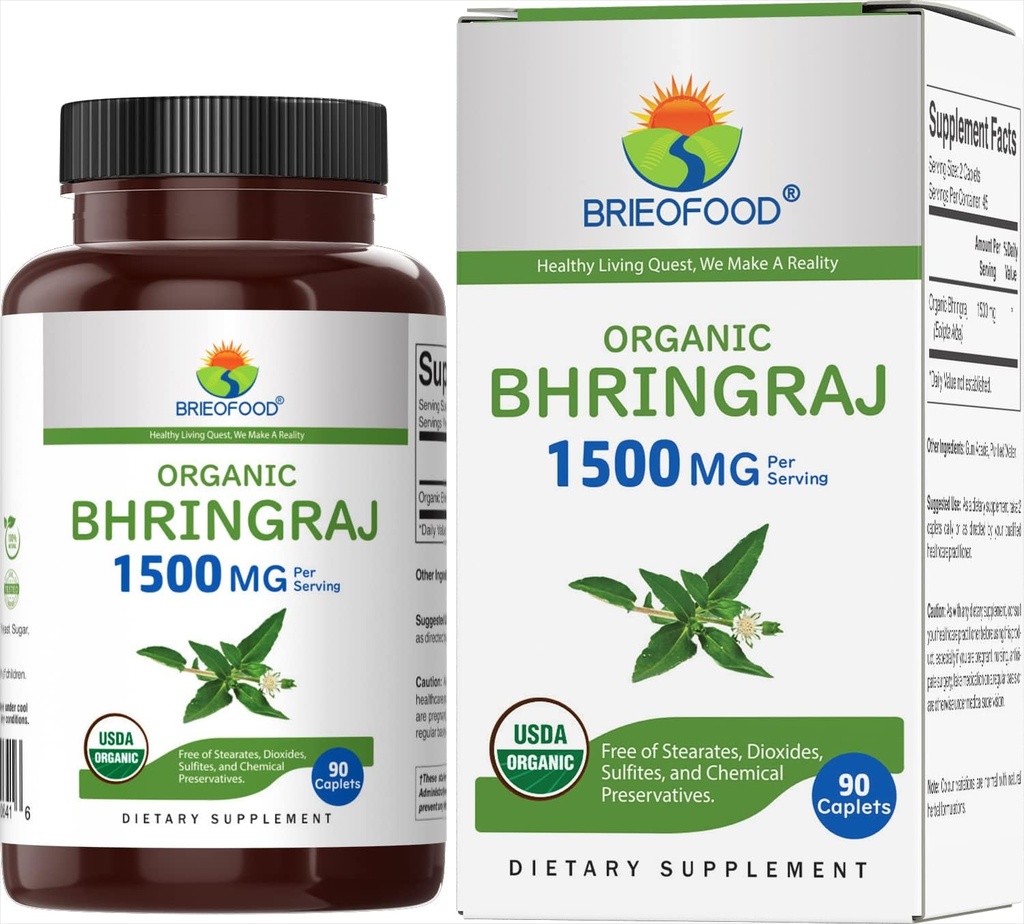 Brieofood Organic Bhringraj 1500 mg, 45 Tarjoilu, Kasvisruoka, Gluteeniton, 90 kasvisruoka Tabletit