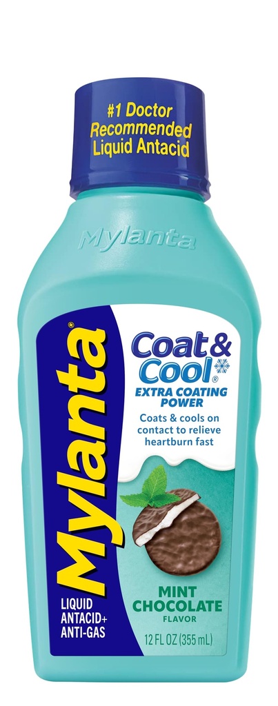 Mylanta Heartburn and Gas Relief, Liquid Antasidit, Coat & Cool Formula, Mint Chocolate Flavor, 12 Fl Oz