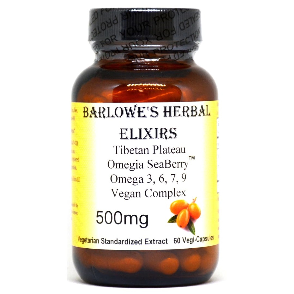 Barlowes Herbal Elixirs Omegia SeaberryTM | Sea Buckthorn | Komplett Omega 3, 6, 7, 9 fettsyror | 500mg Per Capsule | 60 Veggie Capsules | Glass Bottle | Stearate Free