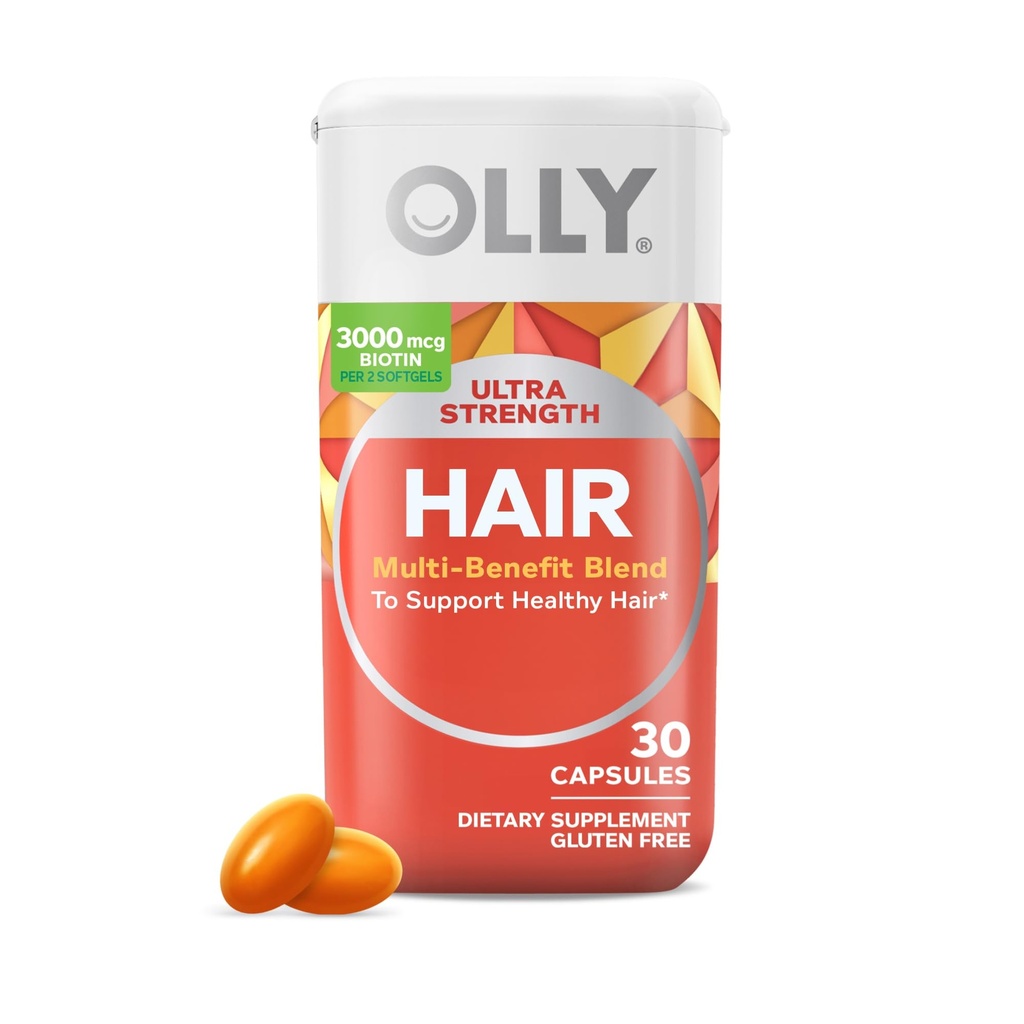 Olly Ultra Strength hiukset Softgels, tukee hiusten terveyttä, Biotiini, Keratin, D-vitamiini, B12, Hiusten täydentää, 30 päivän tarjonta - 30 Count (Packaging May Vary)