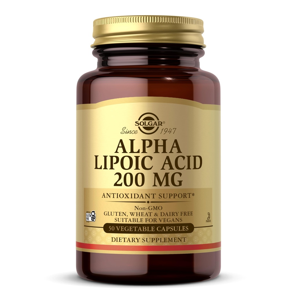 Solgar Alpha Lipoic Acid 200 mg, 50 Vihanneskapselit - Antioksidantti Support - Auttaa Kierrättämään glutationia, C-vitamiinia ja E-vitamiinia, CoQ-10 - ei-muuntogeenisiä organismeja, vegaaneja, gluteeniton, maitotuotteeton, Kosher - 50 tarjoilua