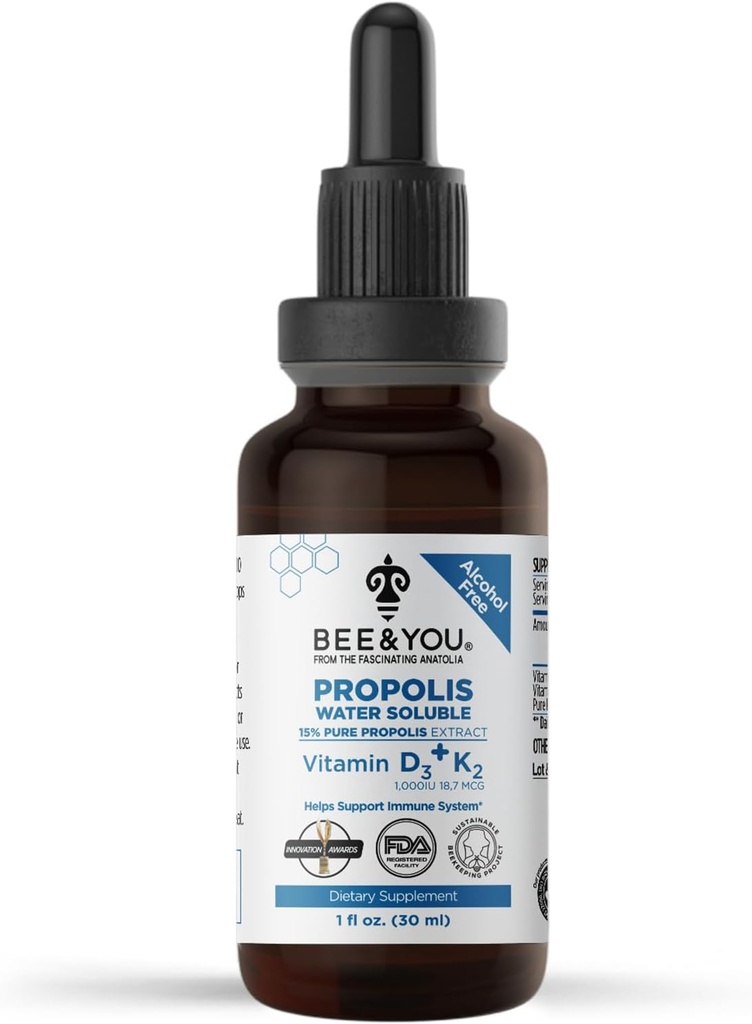 BEE ja Sinä Liquid Propolis uute, vesiliukoinen, vitamiinit D3+K2, korkea teho, Immunosupport Supplement, Skyre Chrat Relief, Antioxidants, Keto, Paleo, Gluteeniton, 1 Fl Oz (1 pakkaus)