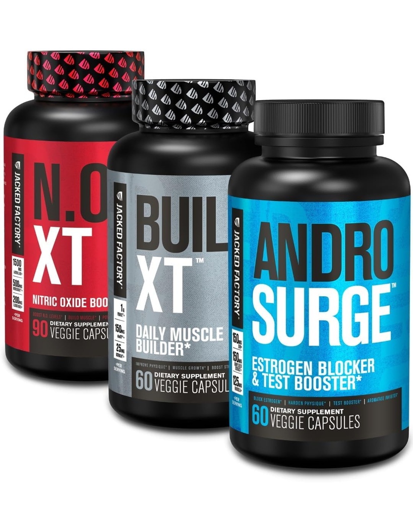 Jacked Factory N.O. XT Nitric Oxide Supplement, Build-XT Muscle Builder och Androsurge Estrogen Blocker för Män