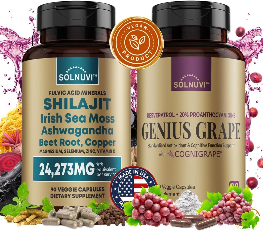 Cognitive Wellness Bundle - Resveratrol Complex & Shilajit Fulvic Acid Minerals - Sea Moss, Ashwagandha, Kliinisesti testattu Cognigrape Red Grape Extract - Ei-GMO, Gluteeniton, Vegan Supplement