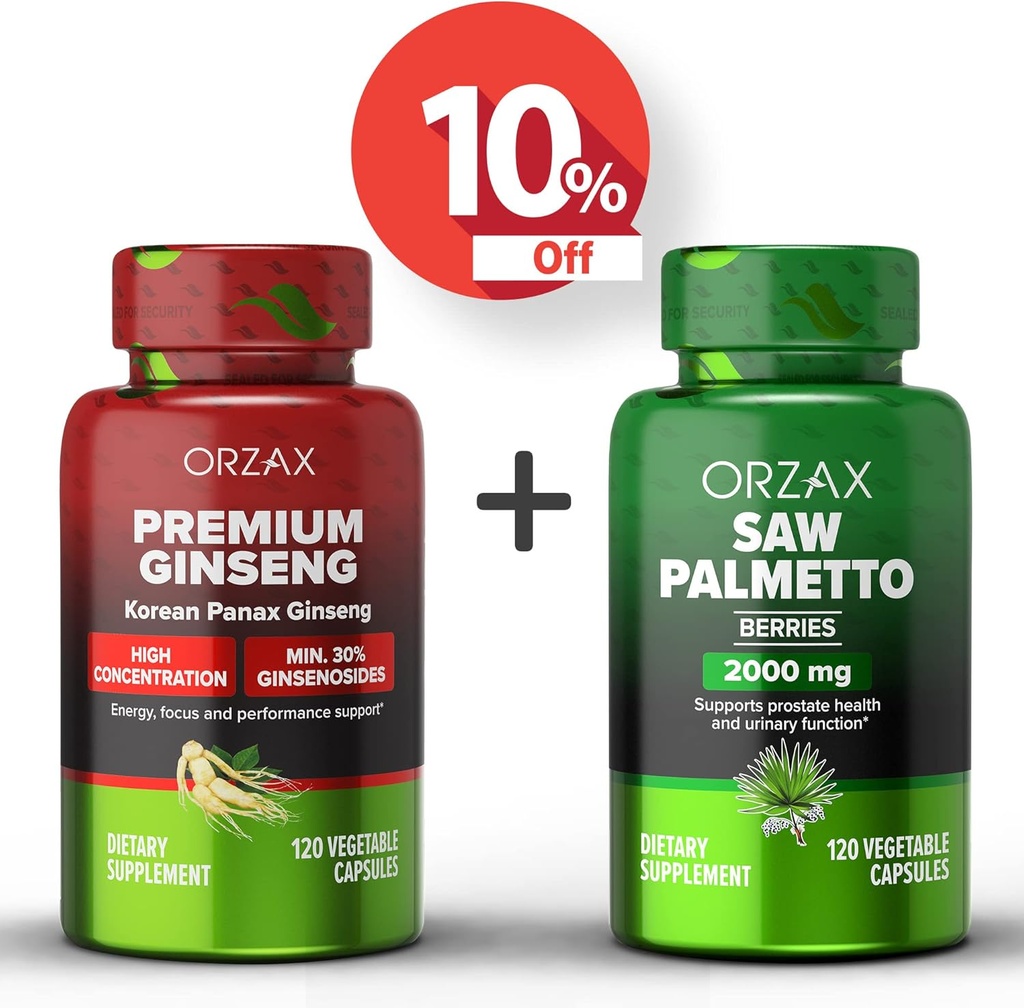 ORZAX Ginseng, 30% Ginsenosidia 120 Vegatable kapselia ja Saw Palmetto 2000 mg 120 kasvikapselia, Bundle
