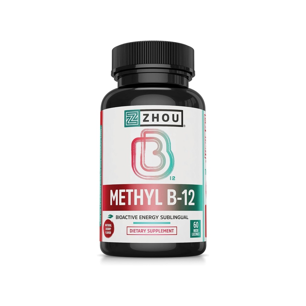 Zhou Methyl B12 - Methyl B-12 Supplement for Women & Men, Vitamiini B12 5000 mikrog, Vegan Friendly, Cellular Energy ja Herme Function Support, Methylcobalamin - 60 Micro Lozenges