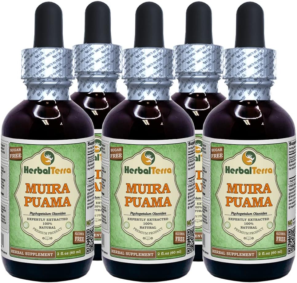 Muira Puama (Ptychopetalum Olacoides) Glyseriitti, orgaaninen alkoholiton nesteuute (Brand name: HerbalTerra, Proudly Made in USA) 5x2 fl.oz (5x60 ml)