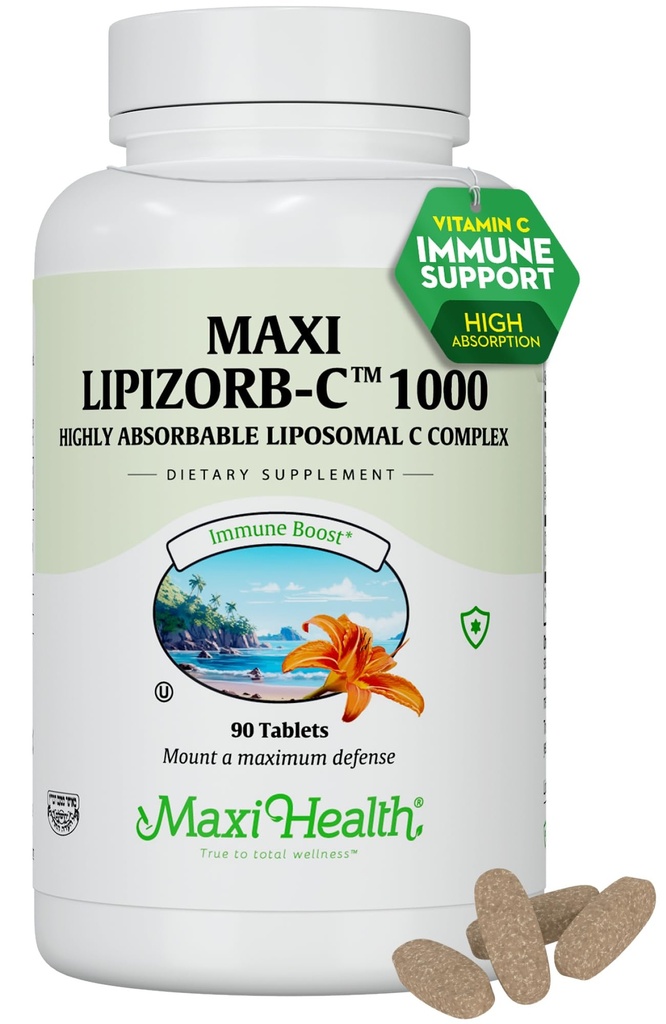 Maxi Health Liposomal C 1000 mg tabletti, jossa on digestiivinen Blend, erittäin imeytyvä suuri annos VitamiiniC, ei GMO Kosher kasvissyöjä Tohtori Formuloitu Immuuni tuki täydentää (90 Count)
