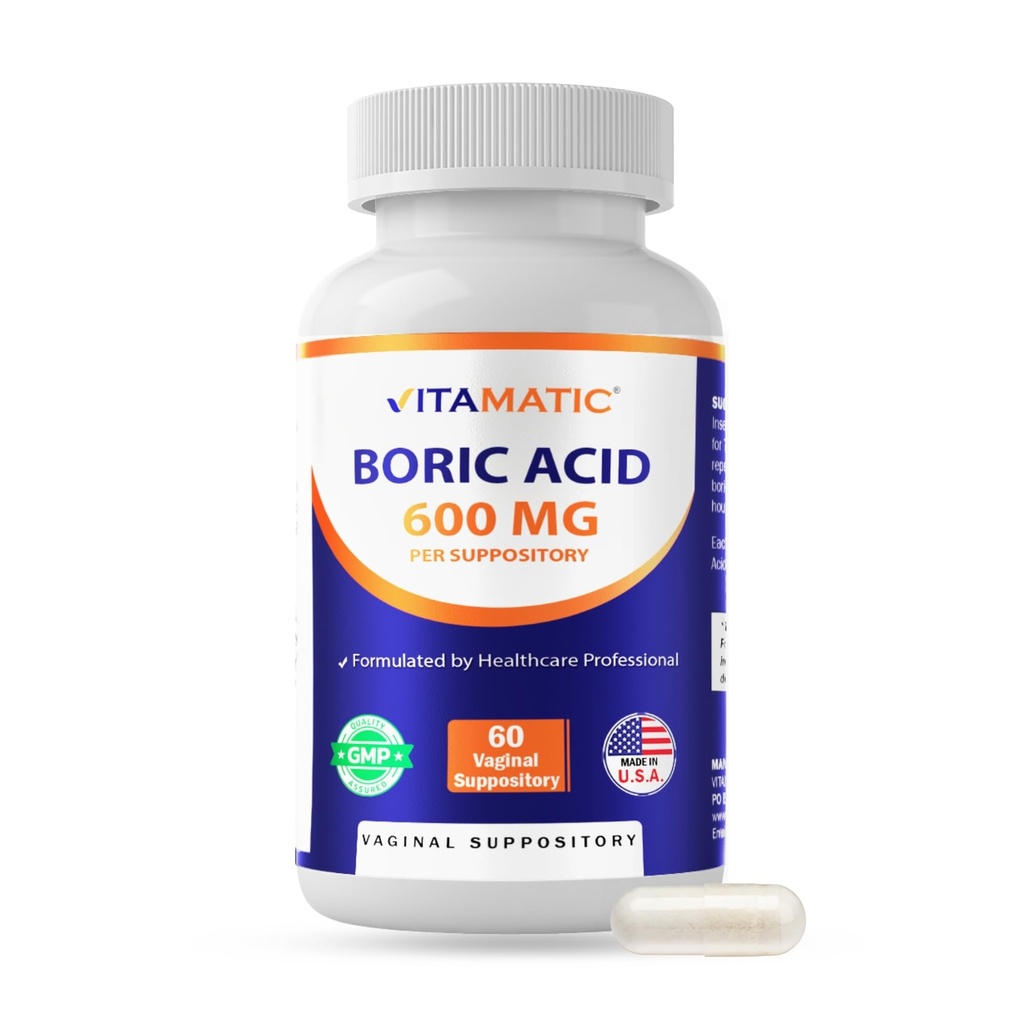 Vitamatic Boric Acid Vaginal Capsule Shell Suppositories 600 mg USP Grade Boric Acid i Vegetarian Capsule Shell - 60 Count