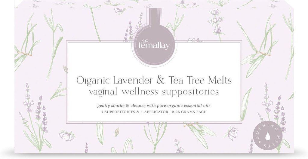 Femallay Organic Lavender och Tea Tree Oil Vaginal Cleansing Suppositories för Hygiene, 100% naturliga smältningar för kvinnlig vård, bra för torrhet och mer, 7 individuellt tätade smälter + 1 Applikator