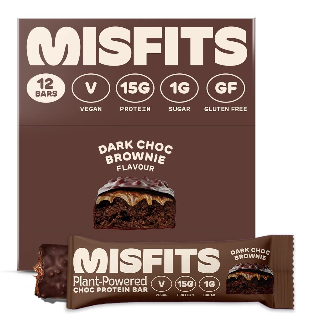 Misfits Vegan Protein Bars, Dark Chocolate Brownie - Original Recept | Gluten Free, Plant Based, Low Sugar & Carb, High Fiber Snacks | Pack med 12